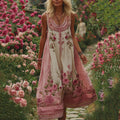 Pink Floral Embroidered Cozy Linen Tank Maxi Dress artswardrobe