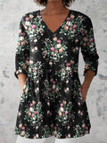Women's Retro Floral Art Print Casual Cotton And Linen V-neck Top