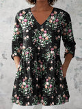 Women's Retro Floral Art Print Casual Cotton And Linen V-neck Top