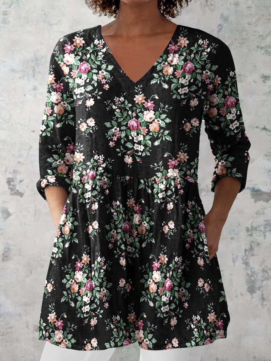 Women's Retro Floral Art Print Casual Cotton And Linen V-neck Top