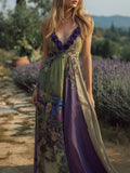 Vintage Purple Roses Embroidered Patchwork Linen Maxi Dress artswardrobe