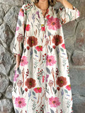 Women's Artistic Floral Pattern Cotton Shirt Dress