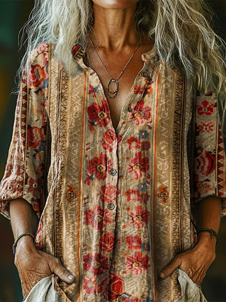 Women's Vintage Ethnic Floral Art Print Casual Cotton Linen Shirt