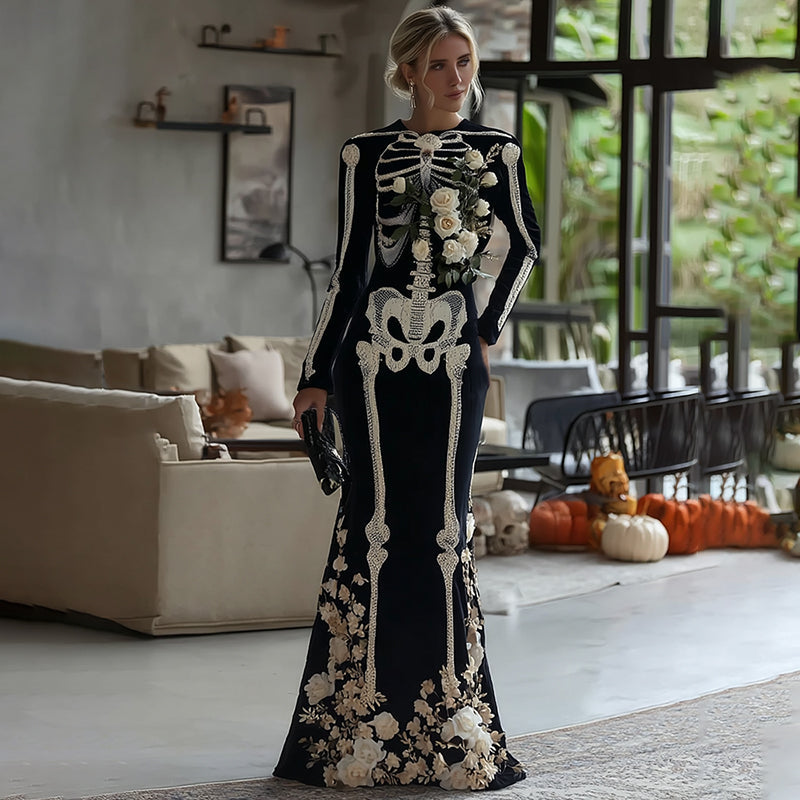 Comstylish Women's Vintage Mariachi Day Of The Dead Skeleton Bones Art Velvet Maxi Dress