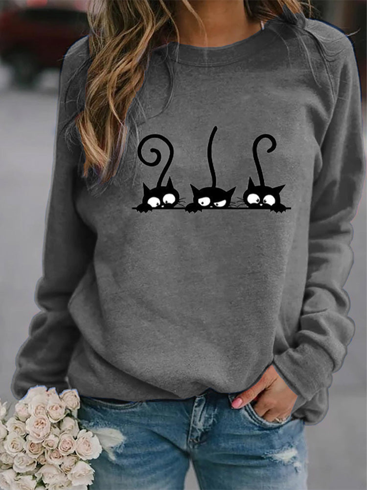 Women's Casual Black Cat Print Sweatshirt elevenforest