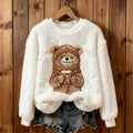 Comstylish Cozy Bear With Hot Drink Snowflakes Embroidered Plush Sweatshirt