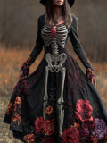 Comstylish Halloween Anatomy Art Red Flower Long Sleeve Long Dress