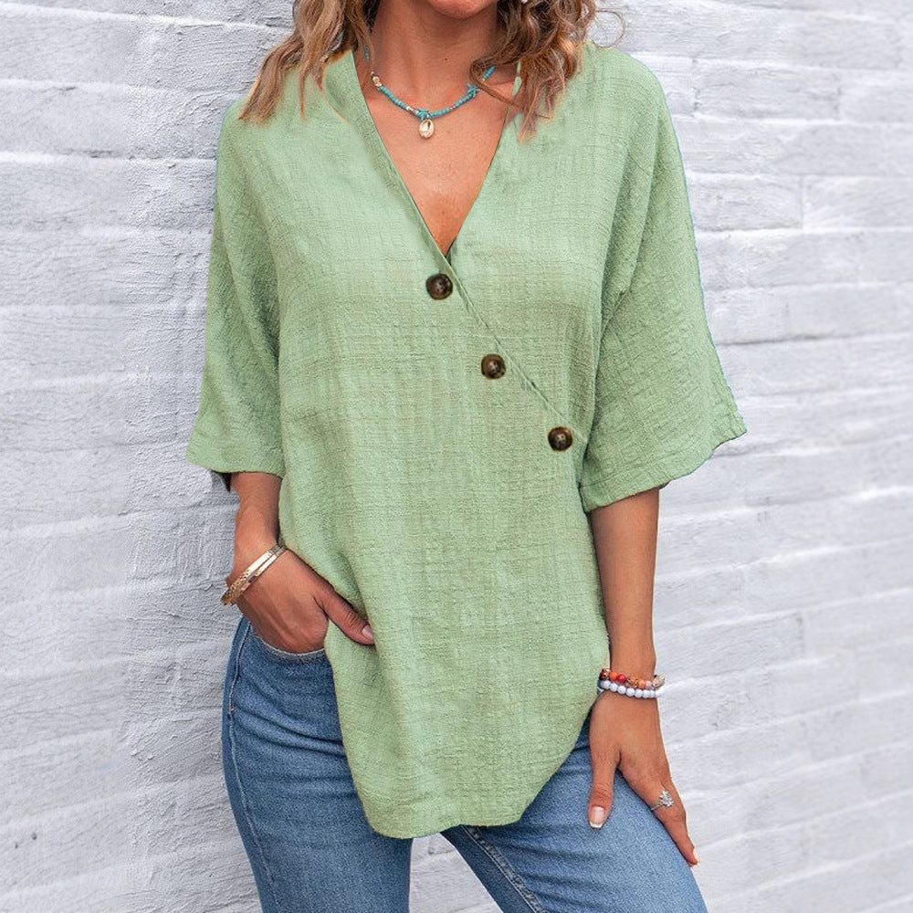 Women's Solid Color Button Linen V-neck T-shirt artswardrobe