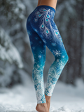 Comstylish Ice And Snow Peacock Pattern Printed Women's Winter Knitted Tight-fitting Leggings