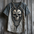Men's Viking Celtic Skull Applique Embroidery Art Linen T-shirt artswardrobe