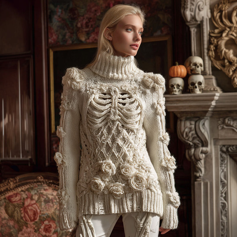 Comstylish Halloween Classic Rose Skeleton Jacquard Turtleneck Aran Sweater