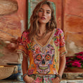 Comstylish Women's Classic Mexican Sugar Skeleton Catrina Day Of The Dead Inspired Painting Embroidered Casual Linen V Neck T-shirt