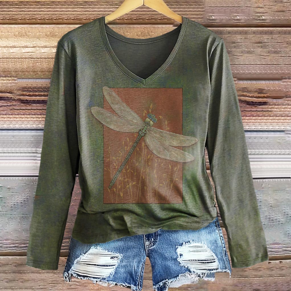 Women's Dragonfly Art Print Casual V-neck Long Sleeve T-shirt