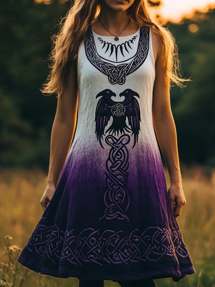Mystical Viking Raven Embroidered Linen Tank Dress artswardrobe