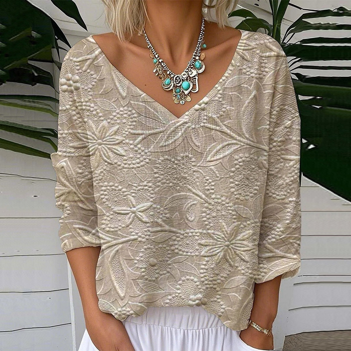 Vintage Floral V-neck Linen Blend T-shirt artswardrobe