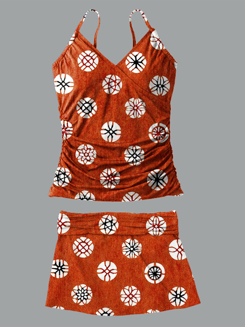 V-Neck Vintage Color Floral Print Suspender Skirt Tankini Pantskirt Set Swimsuit