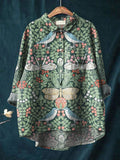 Vintage Ethnic Lovely Birds Floral Art Print Casual Cotton And Linen Shirt