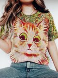 Vintage Painted Cat Printed Women's Washed T-shirt artswardrobe