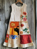 Comstylish Women's Japanese Art Embroidery Floral Cat Print Dress