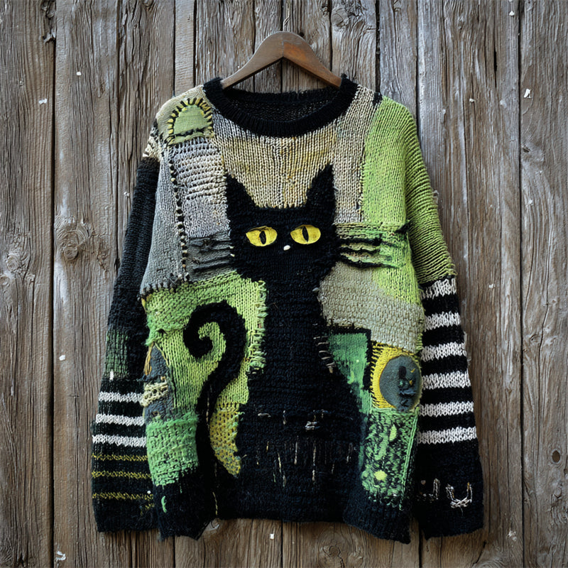 Halloween Witch Black Cat Striped Patchwork Cozy Knit Sweater artswardrobe