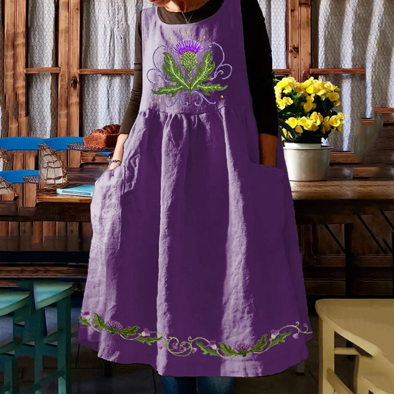Scottish Thistle Embroidered Sleeveless Linen Blend Midi Dress artswardrobe
