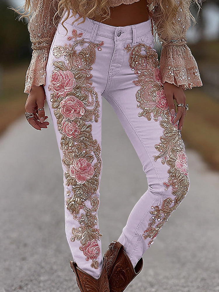 Women's Vintage Rose Floral Embroidery Art Loose Jeans artswardrobe