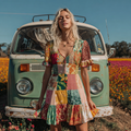 Countryside Style Collection Vintage Patchwork Floral Pattern Art Linen Short Sleeve Dress