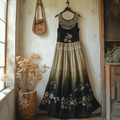 Boho Gradient Floral Embroidered Pattern Lace Patchwork Art Linen Dress artswardrobe