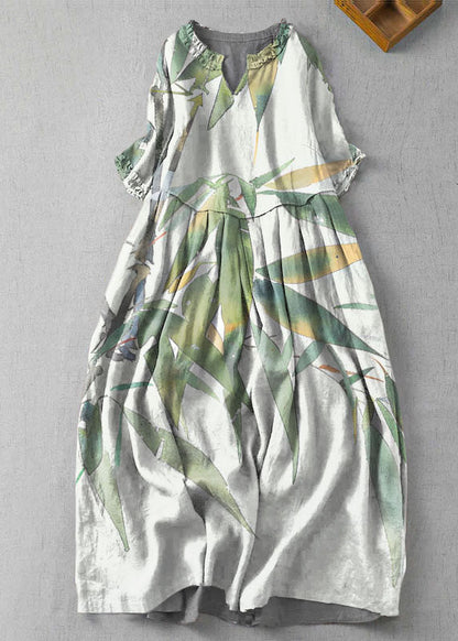 Fine Green Cashew Nuts V Neck Ruffled Patchwork Linen Dress Summer