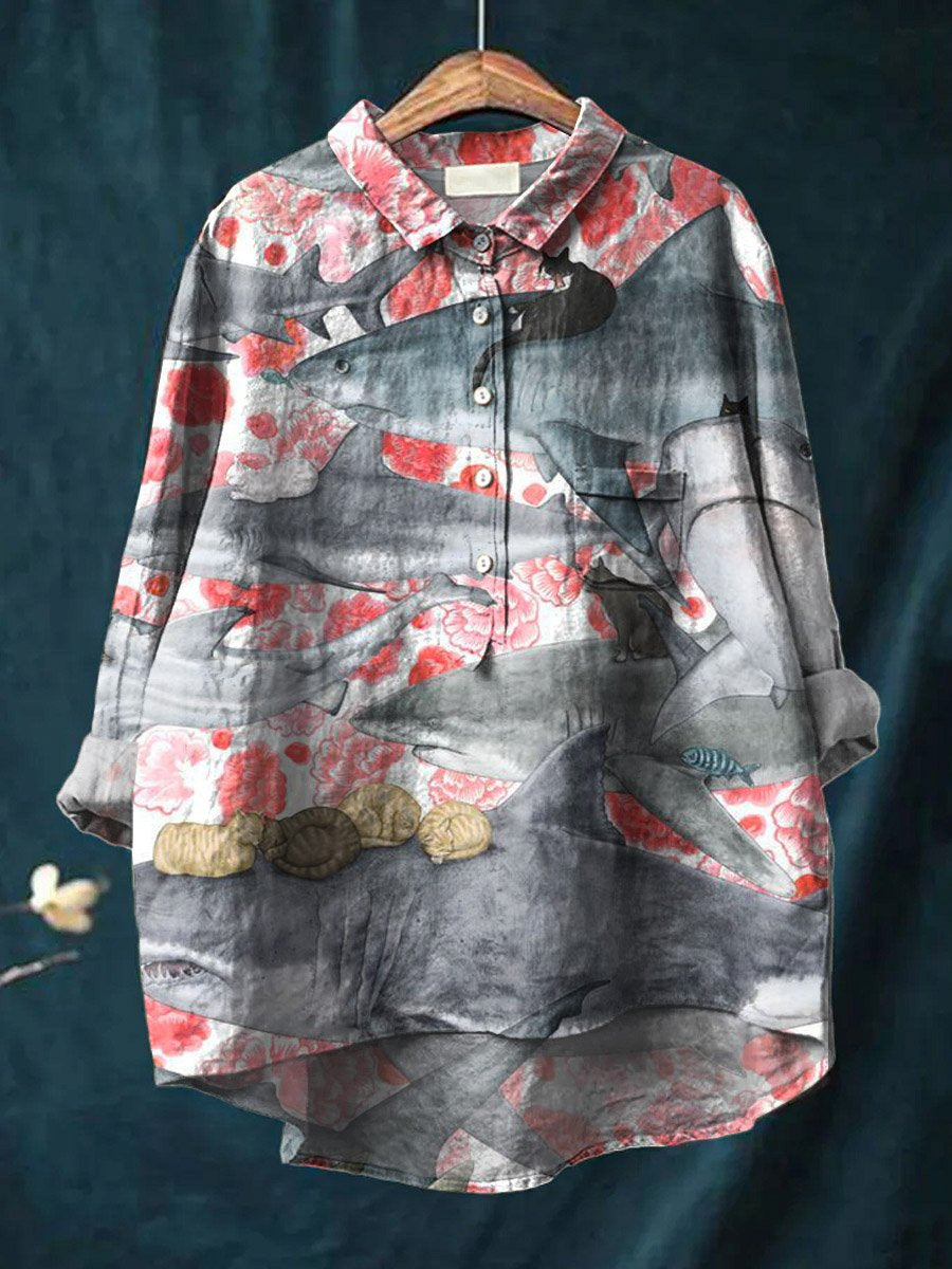 Vintage Lovely Sharks Cats Art Print Casual Cotton And Linen Shirt