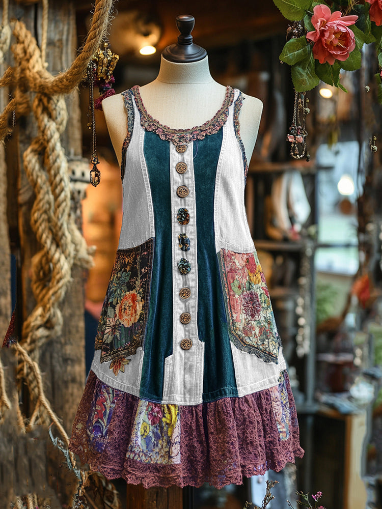Vintage Denim Patchwork Lace Art Sleeveless Dress artswardrobe
