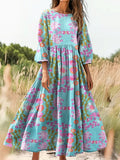 Women's Bohemian Floral Print Flowy Cotton Crew Neck Dress