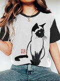 Ink Cat Print Women's Short Sleeve T-Shirt elevenforest