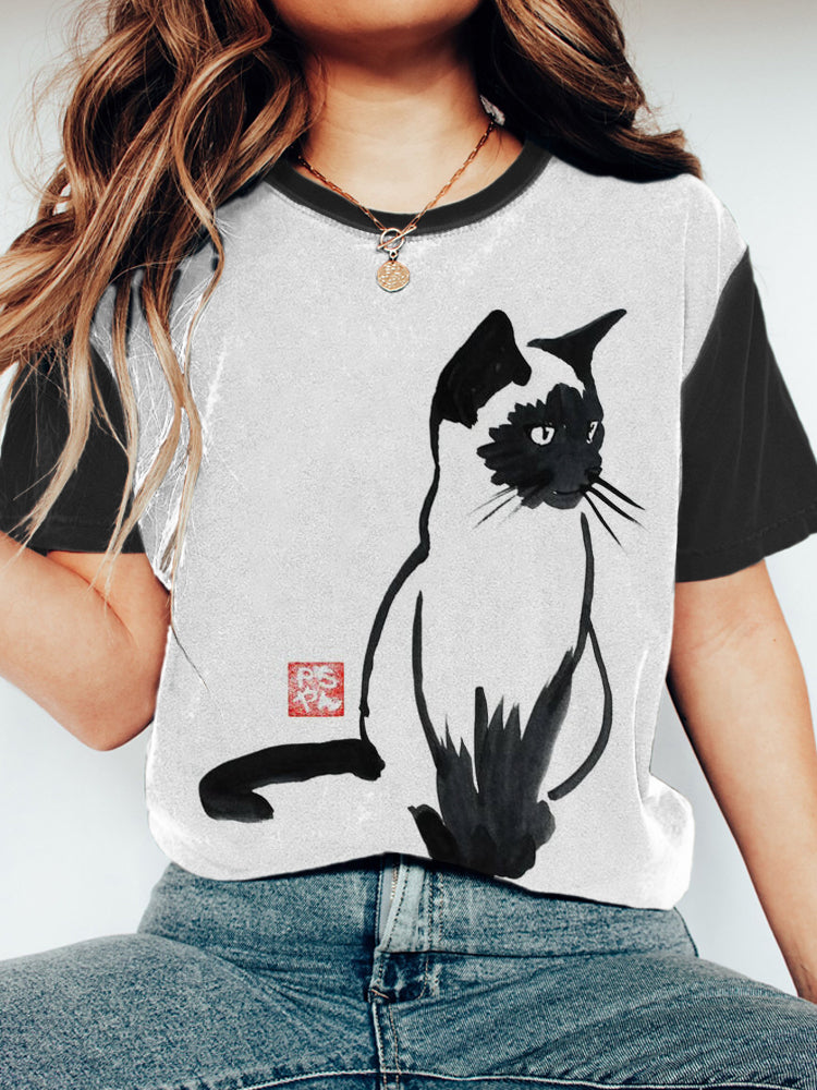Ink Cat Print Women's Short Sleeve T-Shirt elevenforest