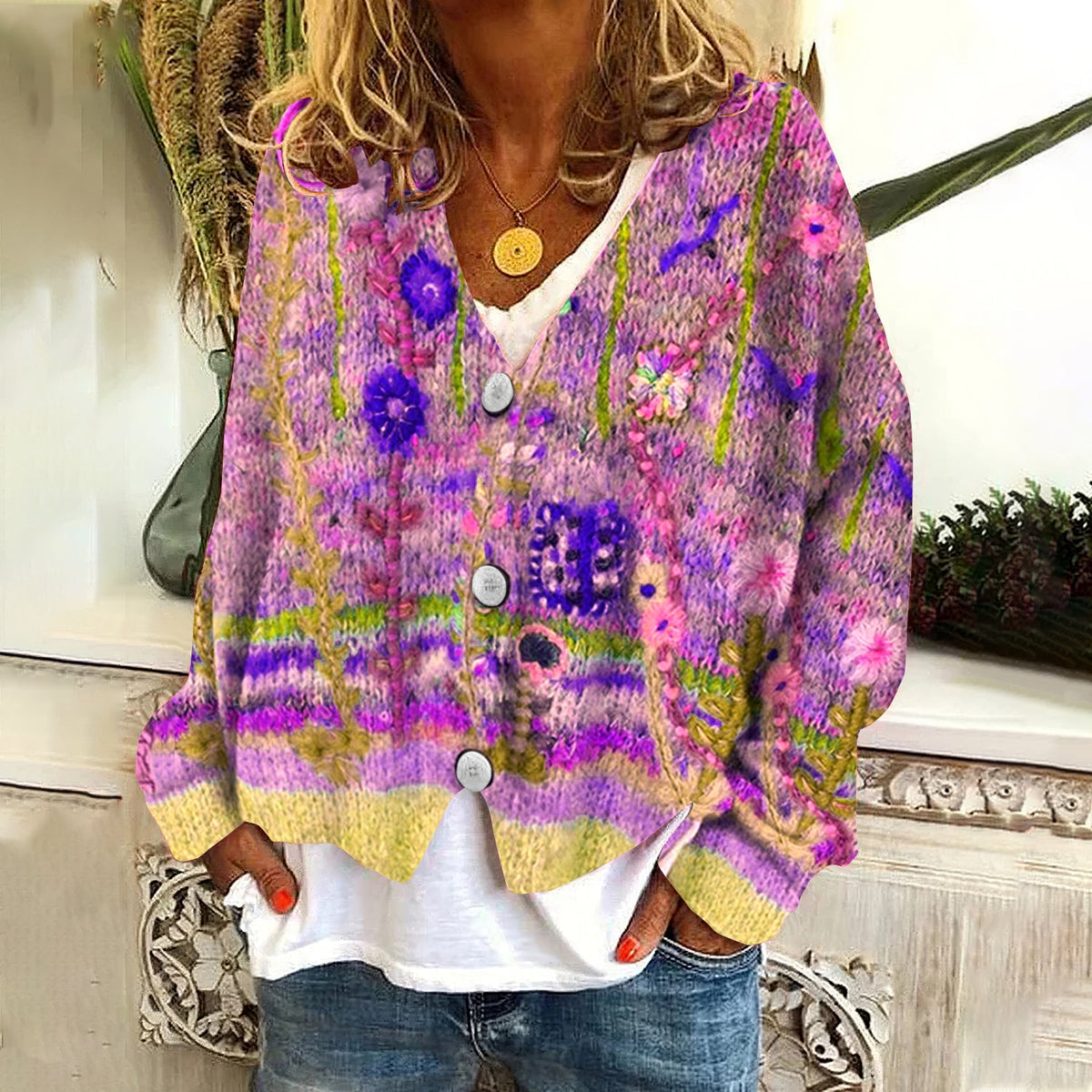 Vintage Floral Print V-Neck Long Sleeved Knitted Cardigan artswardrobe