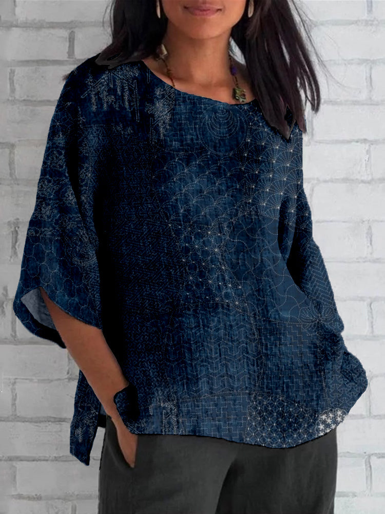 Comstylish Japanese Traditional Sashiko Art Linen Blend Tunic
