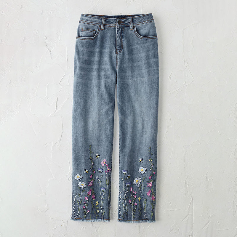 Comstylish Retro Bee Floral Embroidered Art Inspiration Design Jeans