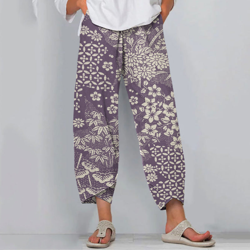 Comstylish Vintage Japanese Art Flower Print Casual Pants