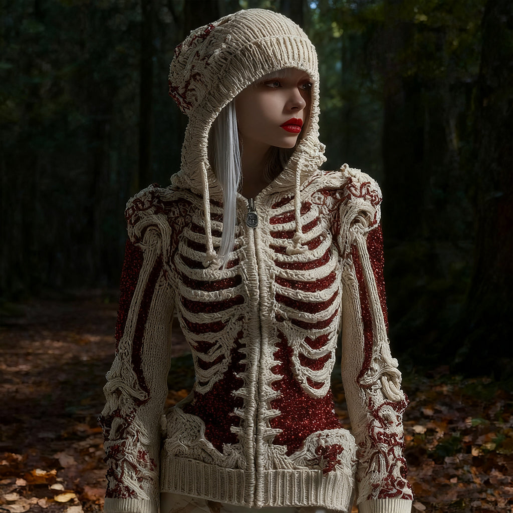 Comstylish Halloween Skull Sequin Art Knit Zipper Hooded Sweater