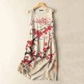 Comstylish Vintage Japanese Flower Print Sleeveless Cotton And Linen Midi Dress
