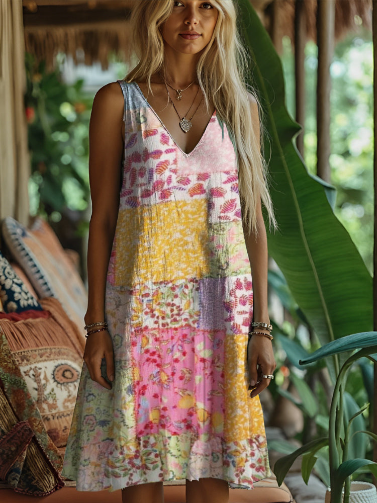 Rustic Floral Print Women's Linen Vest Dress artswardrobe