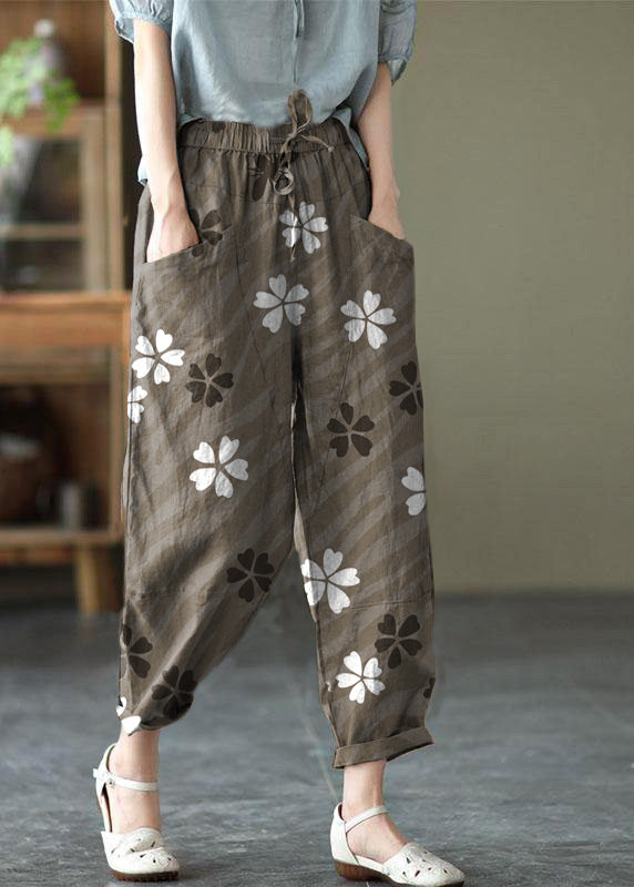 Art White Stripes Tie Waist Pockets Summer Harem Pants Linen