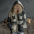 Halloween Spooky Face Patchwork Art Cozy Knit Hooded Cardigan elevenforest