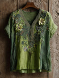 Bohemian-style Tropical Rainforest Three-dimensional Flower Embroidery Grass Green V-neck Short-sleeved Shirt artswardrobe