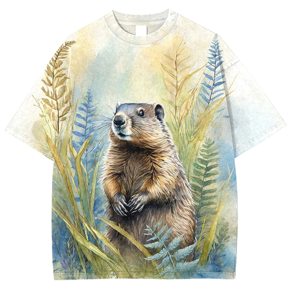 Women's Vintage Happy Marmot In Flowers Print T-shirt elevenforest