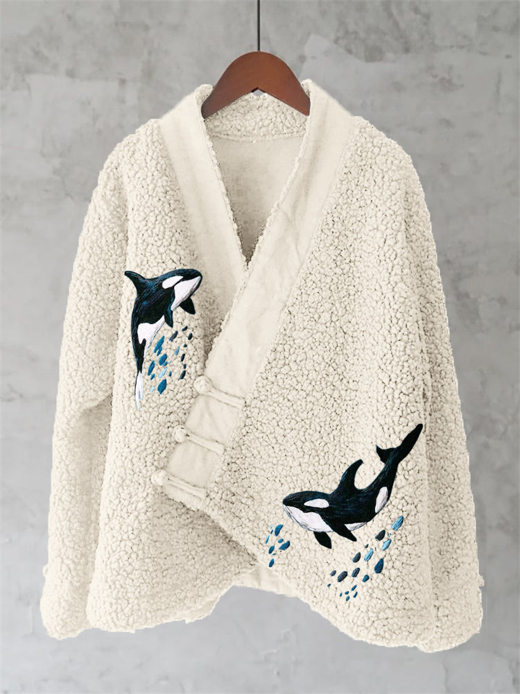 Comstylish Ocean Whales Embroidery Art Fleece Kimono Cardigan