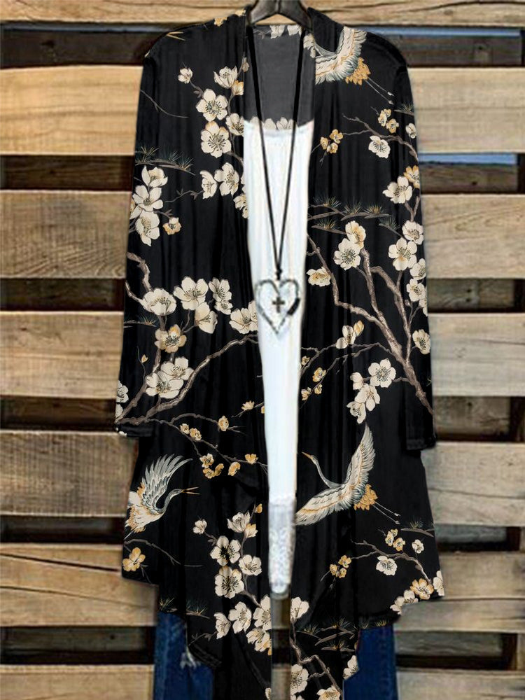 Comstylish Japanese Cranes & Cherry Blossom Art Flowy Cardigan