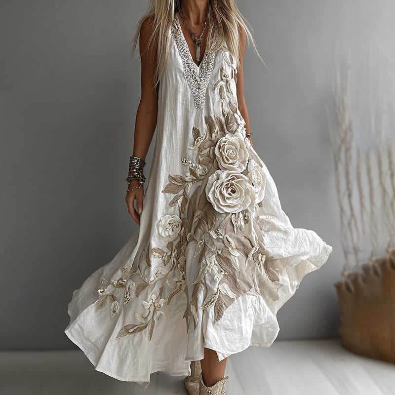 Women's Vintage White Floral Embroidery Art Linen Maxi Dress artswardrobe