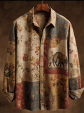 Western Style Retro Cotton And Linen Men's Casual Short-sleeve Shirt With Floral And Animal Elements artswardrobe