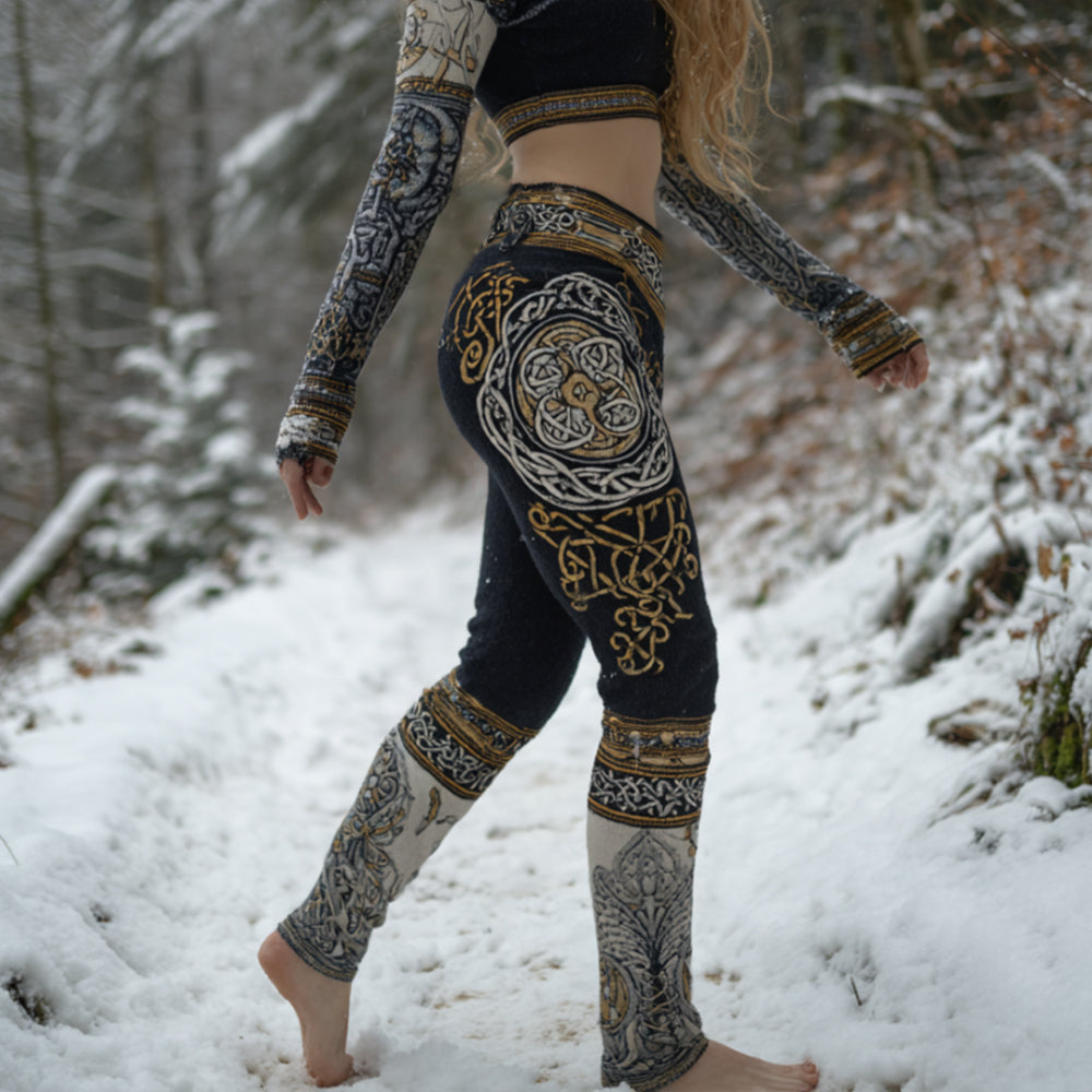 Comstylish Vintage Viking Style Gilded Celtic Knot Stitch Worn-in Leggings